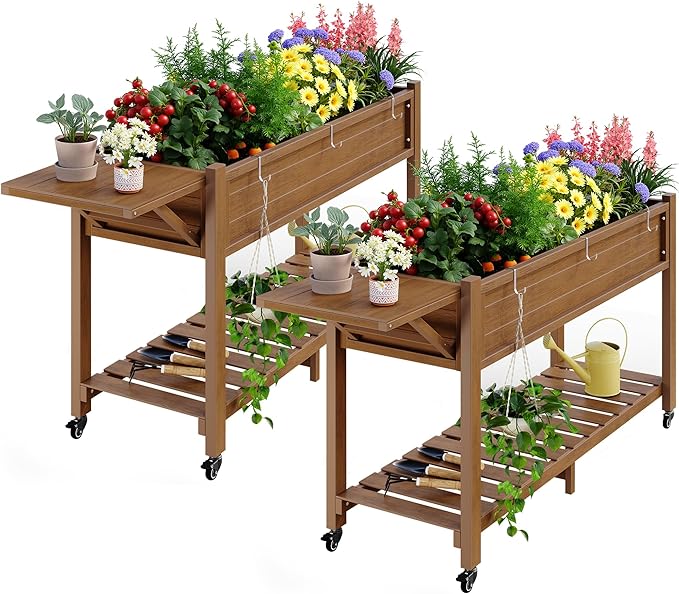 YEFU Raised Garden Bed with Legs: 57x18x30in Elevated Poly Planter with Wheels