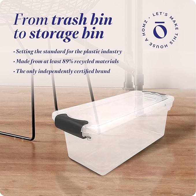 HOMZ 5-Pack Latching Lid, Clear Plastic Storage Organizer Bins, 7.5 Quart, Gray Latch - Stackable Organizing Containers for Home, Garage, and Office