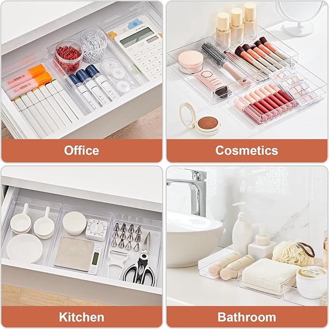 SMARTAKE 6 PCS Clear Plastic Drawer Organizers Set, Large Size Non-Slip Desk Drawer Organizer, Versatile Bathroom and Vanity Drawer Organizer Trays for Makeup, Bedroom, Office, Kitchen Utensils