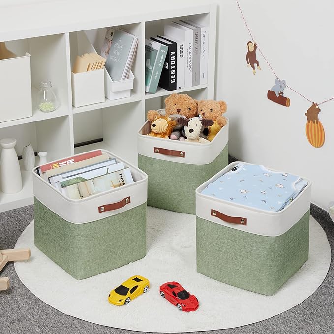 HNZIGE Foldable Storage Cubes & Baskets (3 Pack) - 13 Inch Storage Bin with Leather Handles for Toys, Clothes, Kids (White & Green)