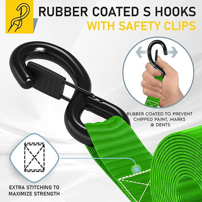 AUGO Heavy Duty Ratchet Straps & Soft Loops – Pack of 4 Extra Strong 1.5” by 10’ Ratchet Straps w/S-Hook Safety Latches & 4 Soft Loop Tie Downs – 4400Lb Break Strength for Motorcycles, ATVs, Etc.