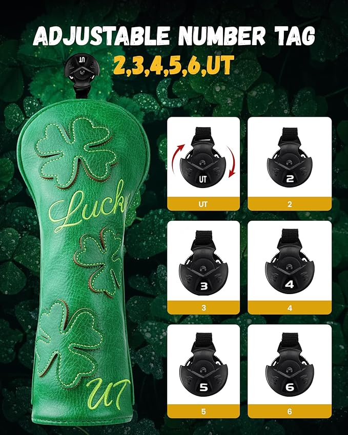Golf Headcovers Golf Club Head Covers Four Leaf Clover Good Luck Charm - Clover Style Premium Leather Driver Fairway(FW) Wood Hybrid(UT) with Number Tags