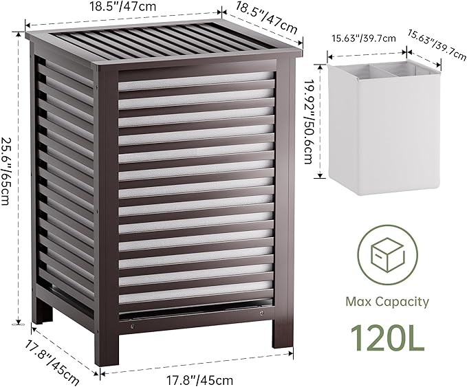 SMIBUY Double Laundry Hamper with Lid, 120L Bamboo Laundry Basket with Removable Liner Bag, 2-Section Clothes Divider Laundry Sorter for Laundry Room, Bathroom, Bedroom (Dark Brown)