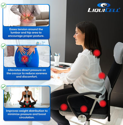 LiquiCell Coccyx Seat Cushion, Aid for Tailbone Pain Relief, Sciatica Pain, Back Support | Donut Like Butt Pillow for Long Hours Sitting at Home/Office Chair (17.5" W x 15.5" L x 2" H)