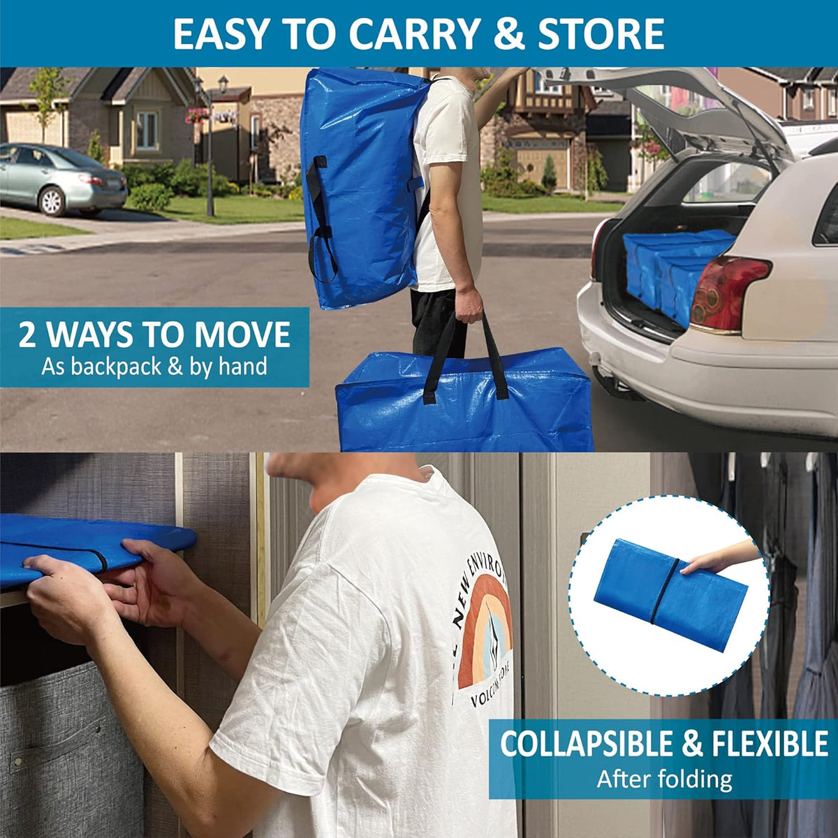 16 Pack Heavy Duty Extra Large Moving Bags with Backpack Straps & Large Vacuum Storage Bags Moving Supply Combo, Moving Totes with Handles & Zippers for Space Saving, Fold Flat, Includes Vacuum Bags
