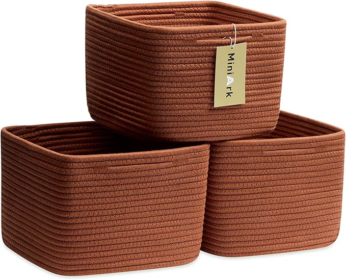 Small Organizing Baskets for Cubes Shelf, 9.7x9.7x7.1 Inch Rope Woven Storage Bins for Nursery Shelves Storage, Cute Toy Basket, Square 3 Packs Oxide Red