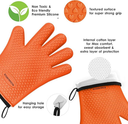 KITCHEN PERFECTION Silicone Smoker Oven Gloves -Extreme Heat Resistant BBQ Gloves -Handle Hot Food Right on Your Smoker Grill Fryer & Pit | Waterproof Oven Mitts |Superior Value Set+3 Bonuses