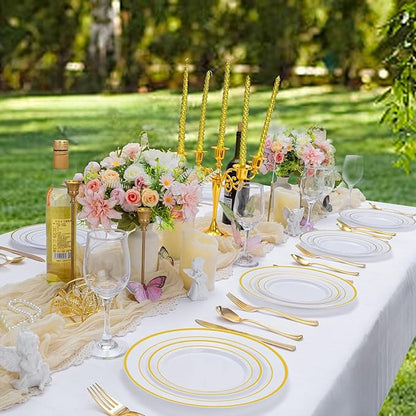 Supernal 102pcs White and Gold Plastic Plates Disaposable Party Plates White Gold Rim Heavy duty, Fancy Gold Plastic Dinnerware Set included 51 Dinner & Dessert Plates for Party,Birthday and Wedding