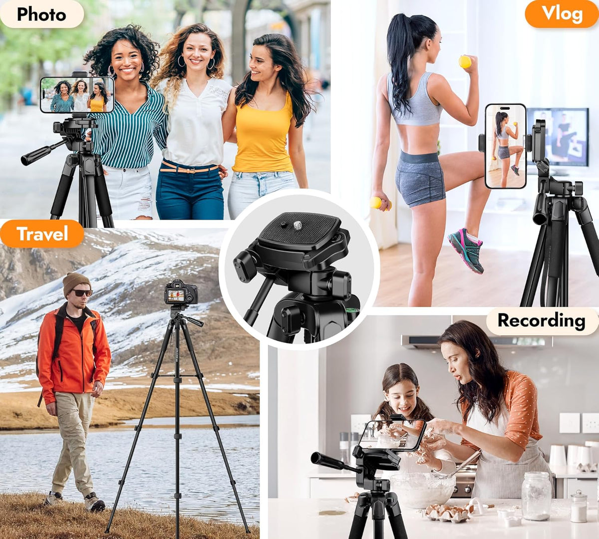 JOILCAN Phone Tripod Stand - 67" Aluminum Extendable Tripod with Remote, Portable Tripods for iPhone Photos Selfie & Video, Compatible with iPhone DSLR Camera Projector