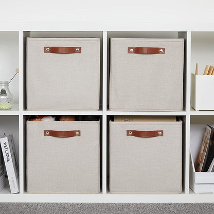 DULLEMELO 12inch Cube Storage Baskets for Shelves Closet Storage,Sturdy Home Organization Bins for Gifts Empty,Foldable Fabric Storage Cubes Baskets for Nursery Toys Clothes Storage(Beige-4 Pack)
