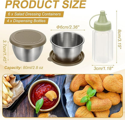uxcell 1 Set 2.8oz Stainless Steel Salad Dressing Containers with Silicone Lids, Reusable Dipping Sauces Cups, Leakproof Condiment Containers for Picnic Travel Kitchen, Brown