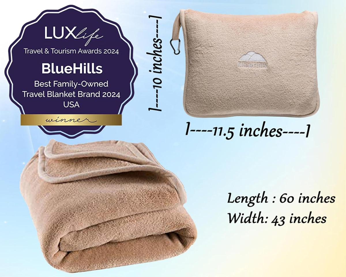 BlueHills Premium Soft 2-Pack Travel Blanket Pillows Airplane Large Plane Flight Throw Travel Blankets for Two in a Bag Compact Traveling Essentials Warm Travel Gifts Long Beige T205
