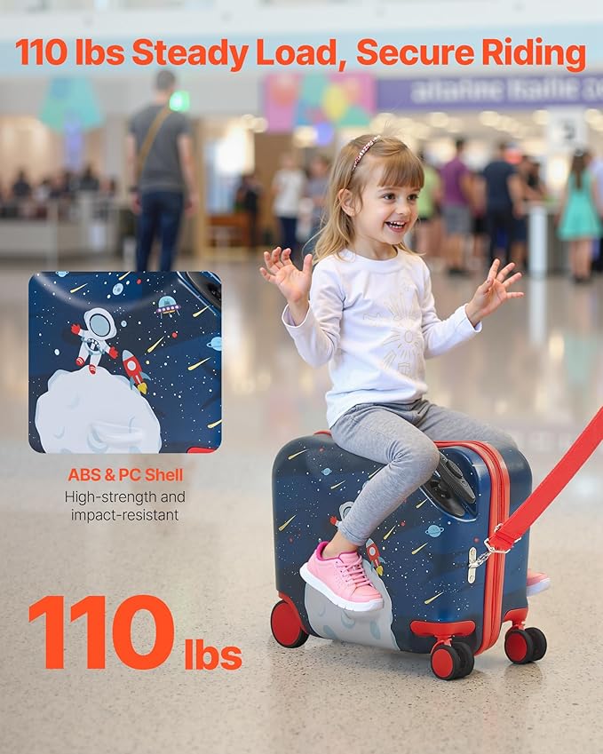 VEVOR Ride-on Luggage, 26 L Capacity, 18 Inches Tow Along Toddler Carry on Luggage with Wheels, Adjustable Shoulder Strap, Lightweight Kids Riding Suitcase for Boys & Girls Aged 3+, Blue & White