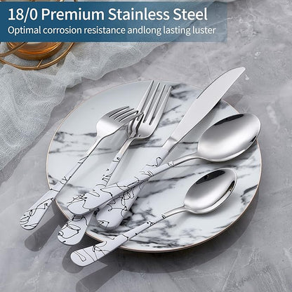20-Piece White Silverware Set with White Handle 18/0 Stainless Steel Flatware Marbling Handle Cutlery Black Service for 4 Dinner Knives Forks Spoons Set Finish Dishwasher Safe