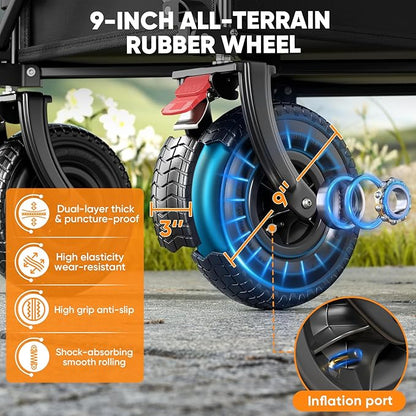 Beach Wagon with 9x3 Big Rubber Wheels for Sand, 350lbs Heavy Duty 200L Collapsible Utility Wagon, Easy Transport & Storage, Ideal for Sport, Camping, All-Terrain Outdoor Activities, Black