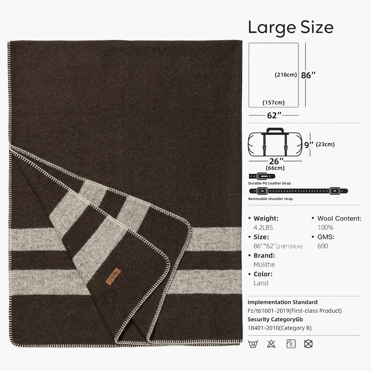 100% Wool Blanket, 62" x 86", Warm, Thick, Washable, Military Wool Blanket, Great for Camping, Outdoors, Sporting Events, Survival Kits