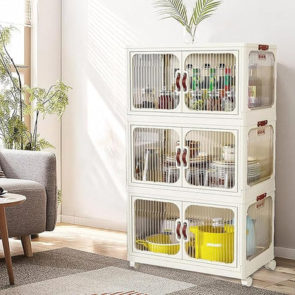 Multi-Purpose Stackable Plastic Storage Bins with Wheels & Lids - Space-Saving Foldable & Collapsible Organizers for Home, Pantry, Office, Dorm, Craft Room & Closet (4 Layers)