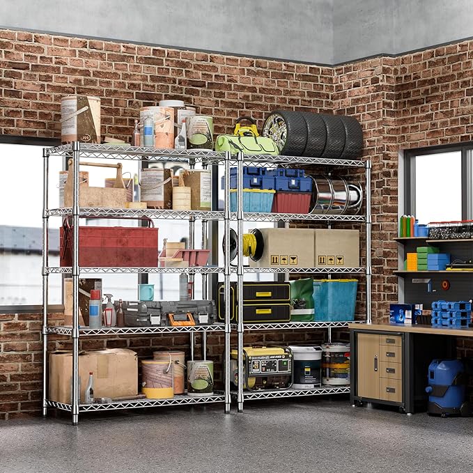 IZEUK 5-Tier Heavy Duty Metal Storage Shelving Unit (Chrome, 17.7" D x 47.2" W x 72.3" H, 1750 lbs Capacity), Adjustable Steel Wire Rack Shelf Organizer for Garage, Kitchen, Pantry, Basement, Laundry