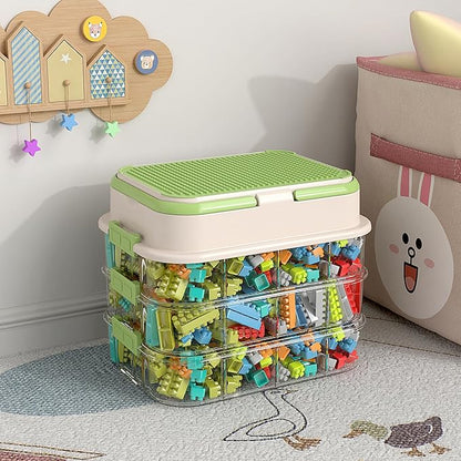 Toy Storage Organizer Box with Handle, Stackable Building Block Toy Box with Building Plate Lid & Removable Sorting Trays, Cubby Bins and Containers 3 Layer (Green)