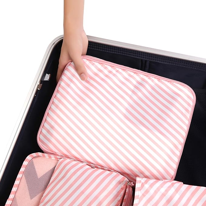BAGAIL 8 Set Packing Cubes Luggage Packing Organizers for Travel Accessories-White and Pink Stripe