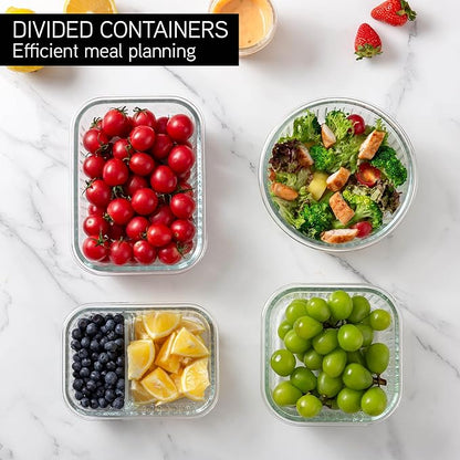 COOK WITH COLOR Premium 32-Pc. Borosilicate Glass Food Container Set with Dividers - 4 Rectangles, 8 Rounds, 4 Squares - Leakproof Lids - Meal Prep, Storage, Fluted Ombre Black