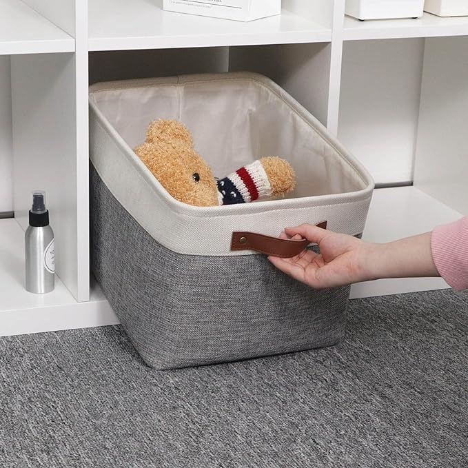 HNZIGE Fabric Storage Baskets for Shelves(3 Pack) Large Collapsible Storage Baskets for Organizing, Decorative Baskets Bins Set with Handles for Closet, Clothes, Toy(White&Gray,15" x 11" x 9.5")