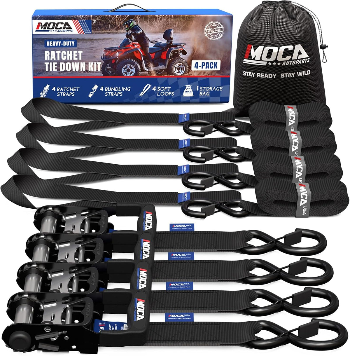 MOCA Heavy Duty Ratchet Tie Down Straps - 5200 Lbs Breaking Strength 1.6" x 8', Includes 4 Heavy Duty Ratchet Padded Handles & Coated Chromoly S Hooks & 4 Soft Loop Tie-Downs