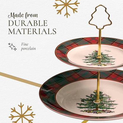 Spode Christmas Tree Tartan 2-Tiered Server, Holiday Cupcake Stand, Dessert Display Set, Earthenware Serving Platter, 10" & 8" Plates, Dishwasher Safe Serveware for Appetizers, Desserts, Cookies