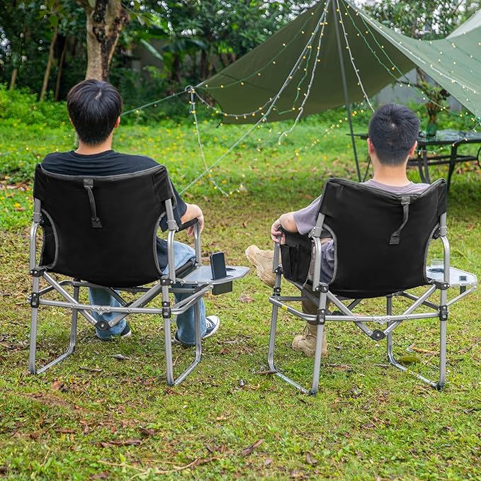 Romswi Director Chairs for Outdoor, Folding Camping Chair, Compact Directors Chair Side Table and Side Bag, Heavy Duty Oversize Seat for Beach Fishing Picnic Chairs, Holds up to 300 lbs Black 2 Pcs