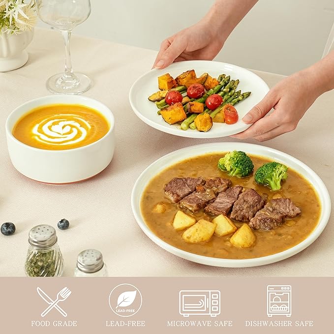 24 Piece Dinnerware Sets for 8, Dual Glaze Stoneware Plates and Bowls Set, Microwave and Dishwasher Safe, Stardust Glaze White