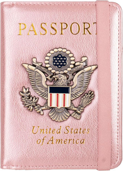 TOURSUIT RFID Passport and Vaccine Card Holder Combo, Travel Document Case Cover, Leather Wallet Organizer Women with Vax Vaccination Protector Slot (Rose Gold)