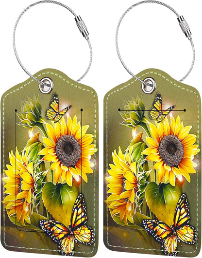 2 Pack Luggage Tag for Suitcase, Cute Unique Leather Bag Tags Identifiers Privacy Cover ID Label with Durable Steel Loop for Women Men Kids Girls Travel, Sunflower
