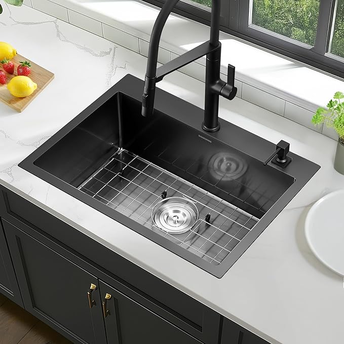Black Kitchen Sink Drop-In 25 x 18 inch, SINKVINE PVD Nano Stainless Steel Outdoor Sink, Top Mount Large Deep Single Bowl Laundry Basin, w/Drain Strainer, Bottom Grid, Roll-up Drying Unit, Dark Gray