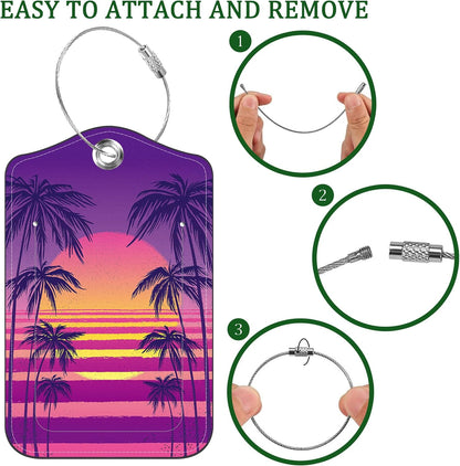 2 Pack Luggage Tag for Suitcase Sunset with Palm Trees Leather Suitcase Tags with Privacy Name ID Label and Stainless Steel Loop for Travel Bag