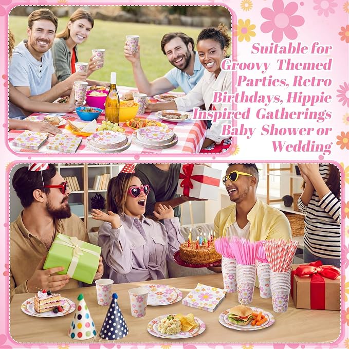 450 Pcs Daisy Groovy Tableware Set Decorations, Serves 50 | Boho Daisy Flower
