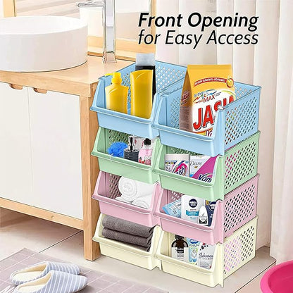 TidyFriend Plastic Stackable Storage Bins for Pantry - 8 Pack Stackable Bins for Organizing Food, Kitchen, and Bathroom Essentials (Multi)