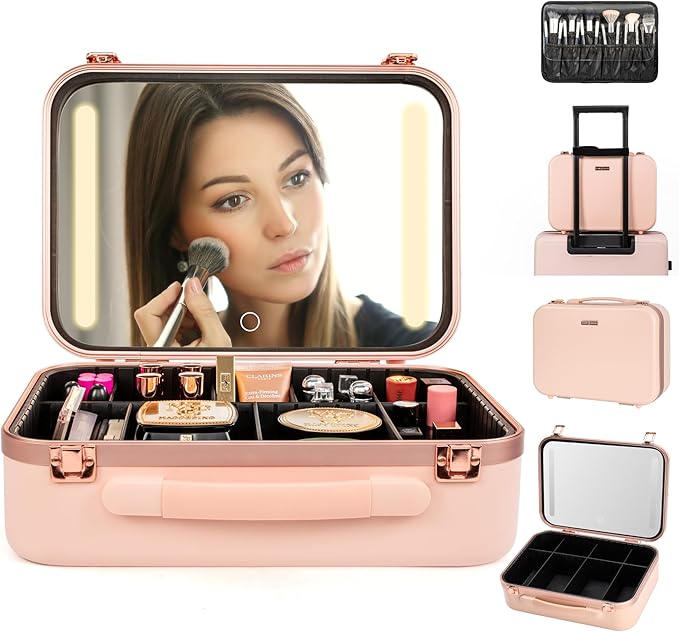 Lighted Makeup Case with Mirror - Large Size 13.4" x 10.2" - Travel Makeup Case With Mirror - Rechargeable LED Travel Vanity Case with Adjustable Brightness - Train Case Makeup Bag - Pink