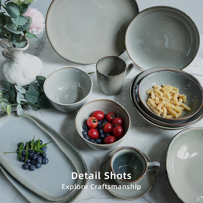 Highland 16pc Dinnerware Set, Unique Organic Shape Double Bowl, Stoneware Plate & Bowl Dish Set Service For 4, Scratch Resistant, Microwave & Dishwasher Safe, Natural Reactive Glaze, Grey