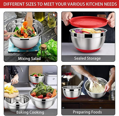 LIANYU Mixing Bowls Set of 6 with Airtight Lids, Size 7, 3.5, 2.5, 2, 1.5, 1QT Large Metal Stainless Steel Nesting Bowls for Cooking, Baking, Food Storage, Non-slip Bottom, Red