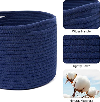 Small Basket for Organizing | Cube Shelf Closet Storage Baskets | 9.7×9.7×7.1” | Woven Rope Gift Basket | Nursery | Round 3 Packs Navy Blue