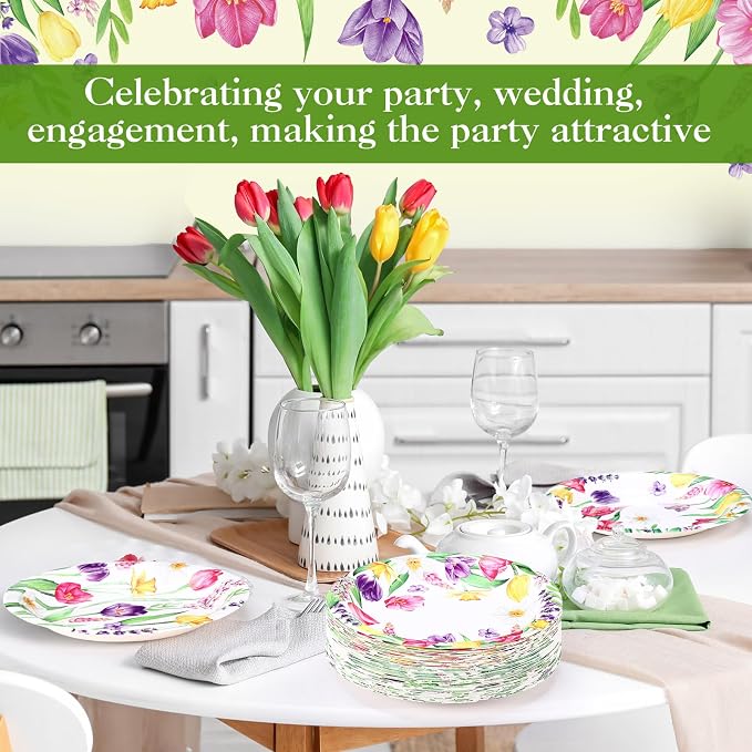 120 Pcs Spring Floral Paper Plate 7 Inch Floral Party Plate Tulip Paper Plates
