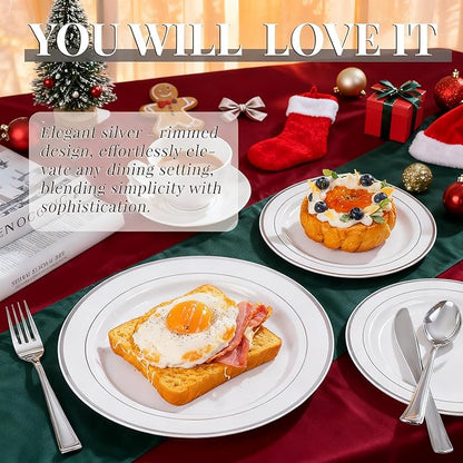WDF 120PCS Plastic Christmas Plates White Silver Rim - Disposable Plates including 60PCS for Dinner 10.25inch, 60 Salad/Dessert Plates 7.5inch Heavy Duty Wedding