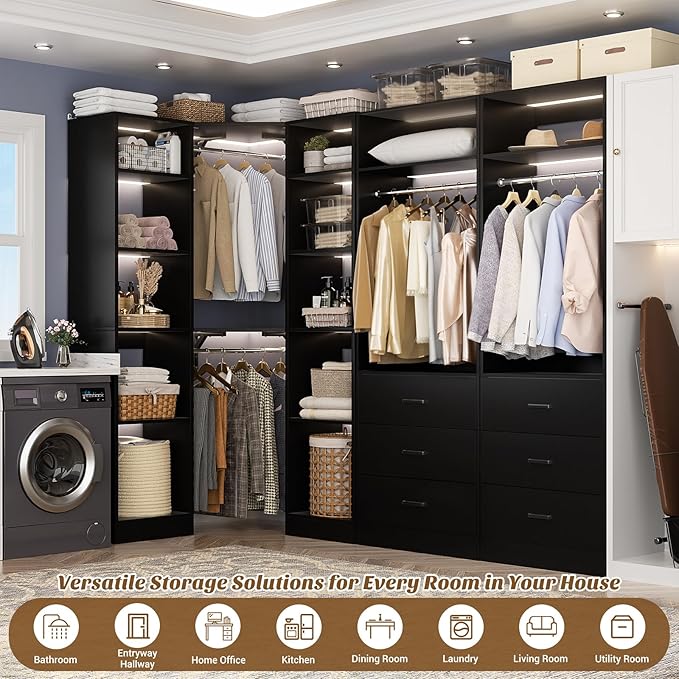 Corner Closet System with 6 Drawers, Closet Organizer System with 14 Shelves & 4 Hanging Rods, 87.2"L * 39.2"W / 63.2"L * 63.2"W Reversible L Shaped Walk-in Closets, Load 2500+LBS, Black