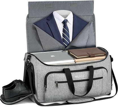 MILADA Convertible 2-in-1 Garment Duffel Weekender Bag Carry On Garment Bags for Travel Hanging Clothes Suit Bag Foldable Personal Item Business Overnight Bag with Shoe Compartment, Light Grey