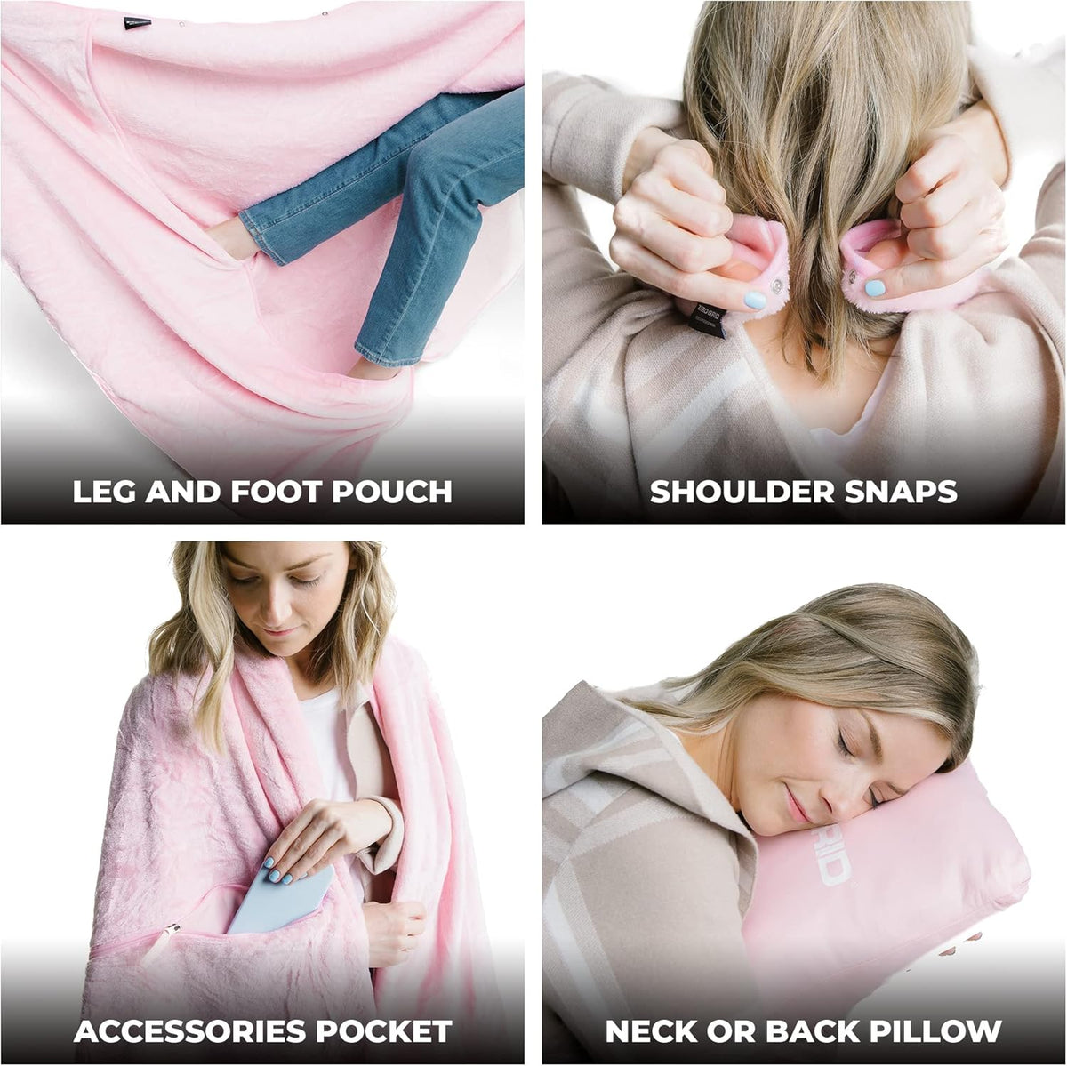 Lightweight Travel Blanket - Premium & Compact Airplane Wearable Blanket with Neck Snaps, Cozy Foot Pockets, Zipper Pouch - Converts into Soft Pillow - Designed for Ultimate Comfort - Rose