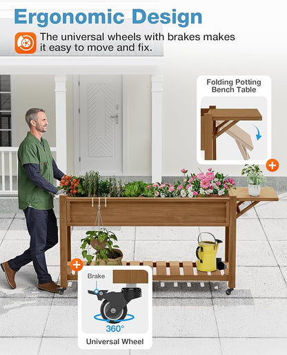 YEFU Raised Garden Bed with Legs: 57x18x30in Elevated Poly Planter with Wheels