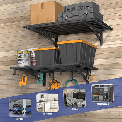 2-Pack 2x3ft Garage Shelving Wall Mounted, 2' x 3' Heavy Duty Garage Storage Shelves with Hooks, 400LB Capacity