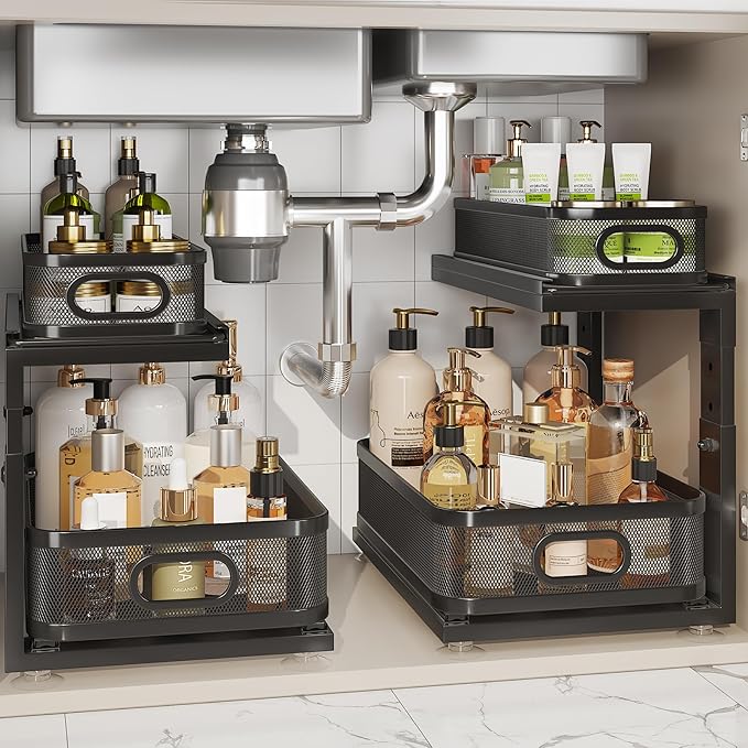 2 Pack Under Sink Organizer With Next-Gen Ball-Bearing Slides,2-Tier Precision Mesh Pull Out Cabinet Shelf Storage for Bathroom&Kitchen,Slide Out Drawers Height Adjustable,Rust-resistant