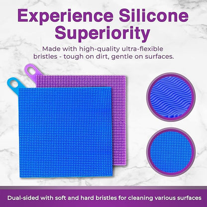 Silicone Dish Scrubber Sponges (5-Pack) - Dual-Sided Silicone Scrubbers and 1 Bottle Stick Brush - Food Grade Kitchen Scrubbers for Dishes - BPA-Free Sponges