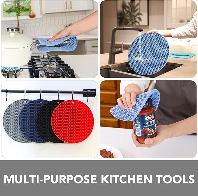 Joyhalo Trivets for Hot Dishes - Hot Pads for Kitchen, Silicone Pot Holders for Hot Pots and Pans, Silicone Mats for Kitchen Countertops, Table, Flexible Easy to Wash and Dry, Blue